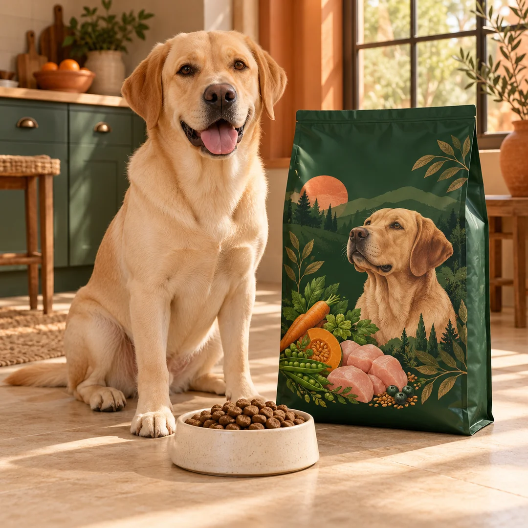 Labrador a tál mellett, mellette egy zöld Nyammancs tápzsák. Mesterséges intelligenciával készült kép.